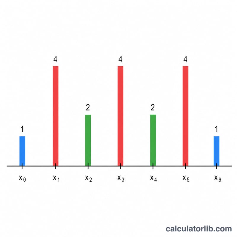 Points des sous-intervalles étiquetés selon le motif de poids de Simpson 1,4,2,4,2,4,1