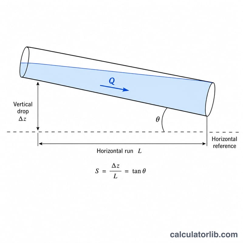 Side view of a sloped pipe with flow direction and slope
