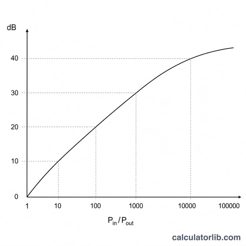 Logarithmic curve relating power ratio to insertion loss in decibels
