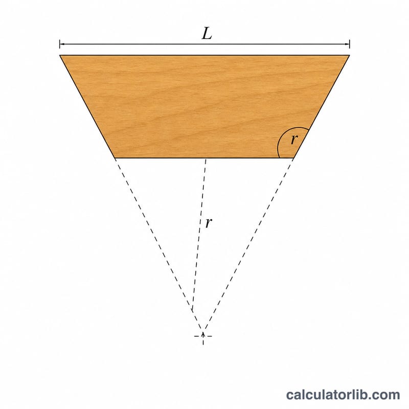Geometry diagram of a single bowl segment showing the miter angle at the mitered edge and the segment length along the outer face