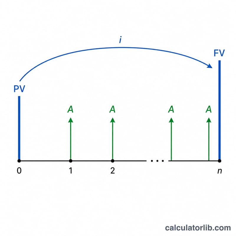 Timeline showing an initial present value at time zero, compounding arrows growing to a future value at time n, with equal annuity payments along the periods