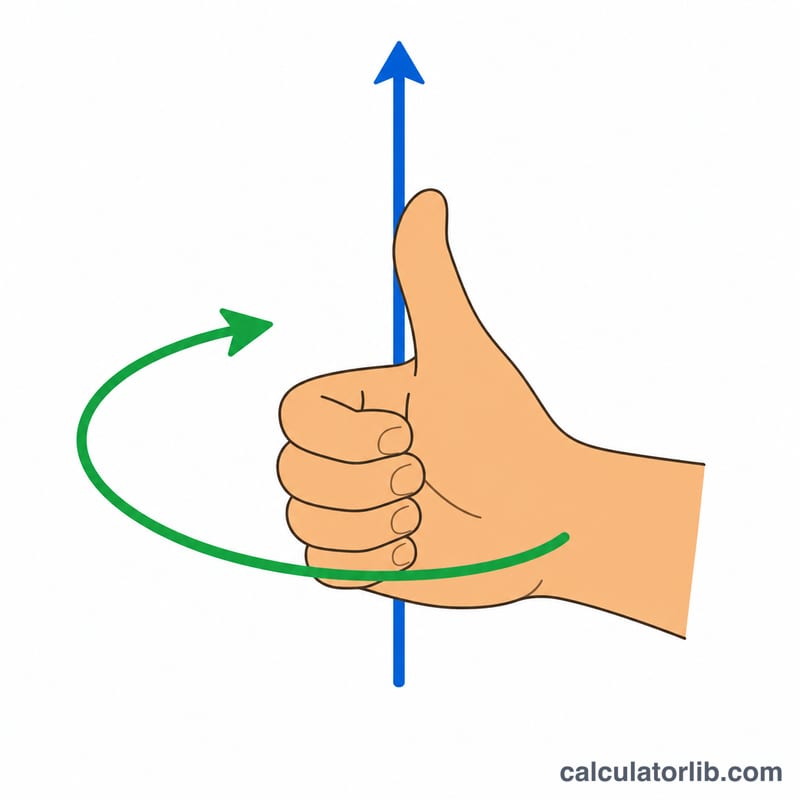 Right-hand rule showing thumb along an axis and fingers curling in the rotation direction