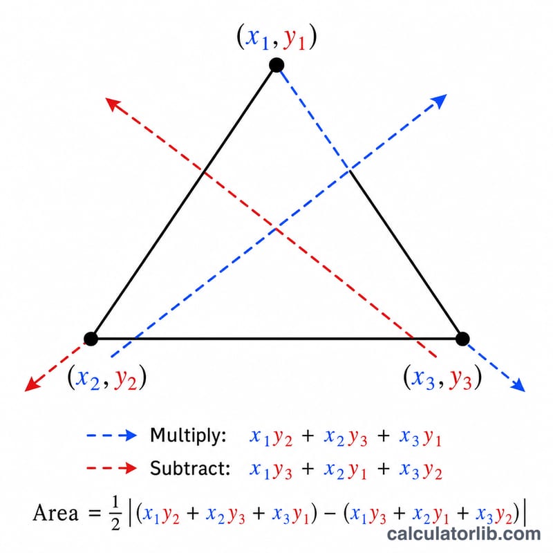Diagram showing the crossing diagonal pattern of the shoelace formula for a triangle