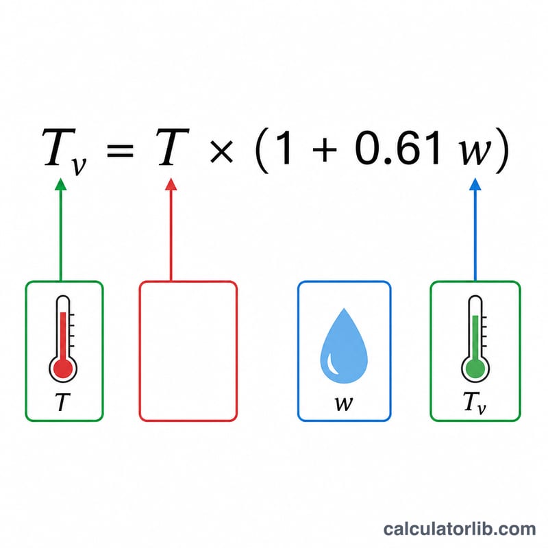 Diagram of the virtual temperature formula linking temperature T and mixing ratio w to virtual temperature Tv