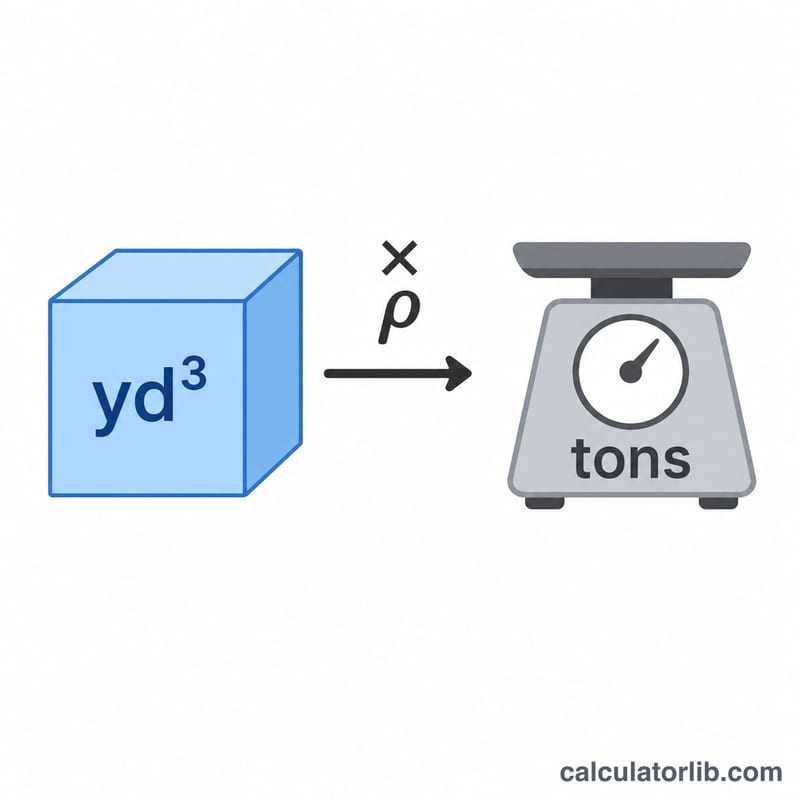 Volume converted to cubic yards then multiplied by density to get tons
