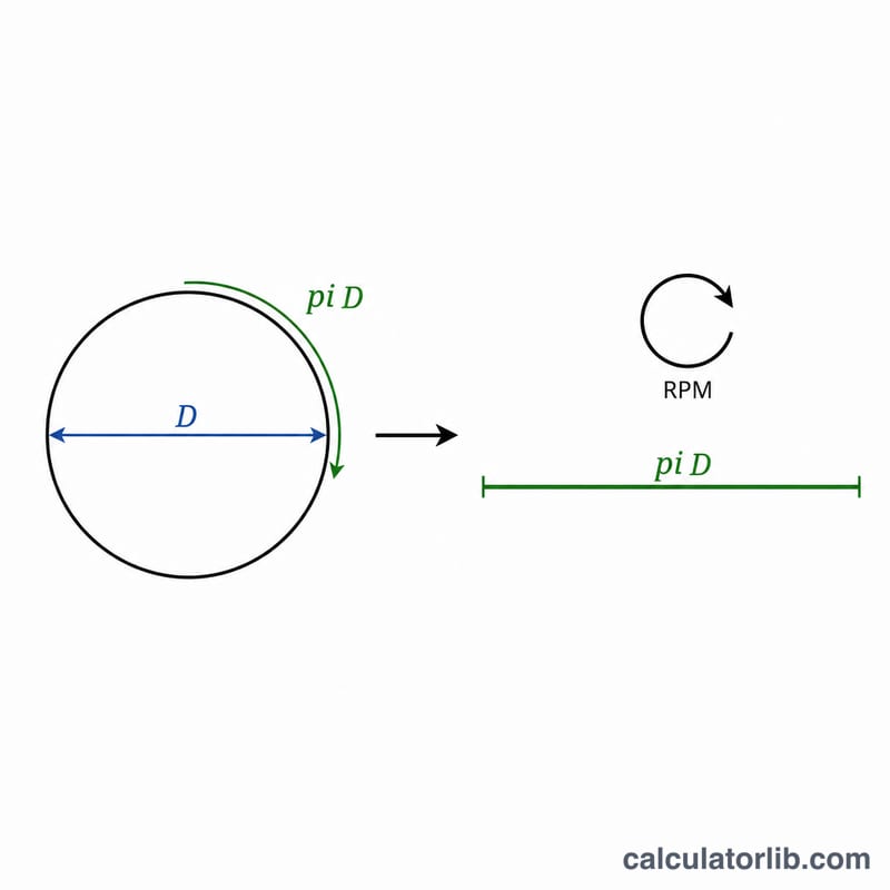 Diagram relating tool diameter, RPM rotation, and circumference unrolled into a straight distance