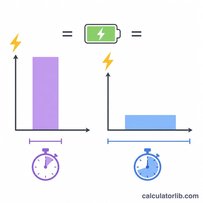 Bar comparison showing the same energy over shorter versus longer time changes power