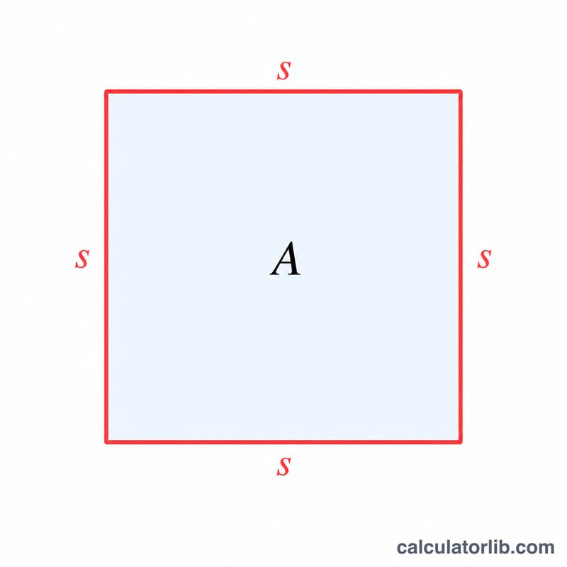 Worked example square showing area, computed side, and summed perimeter edges