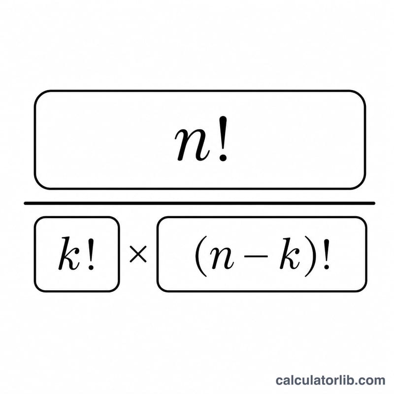 Visual breakdown of the combinations formula n factorial over k factorial times n minus k factorial