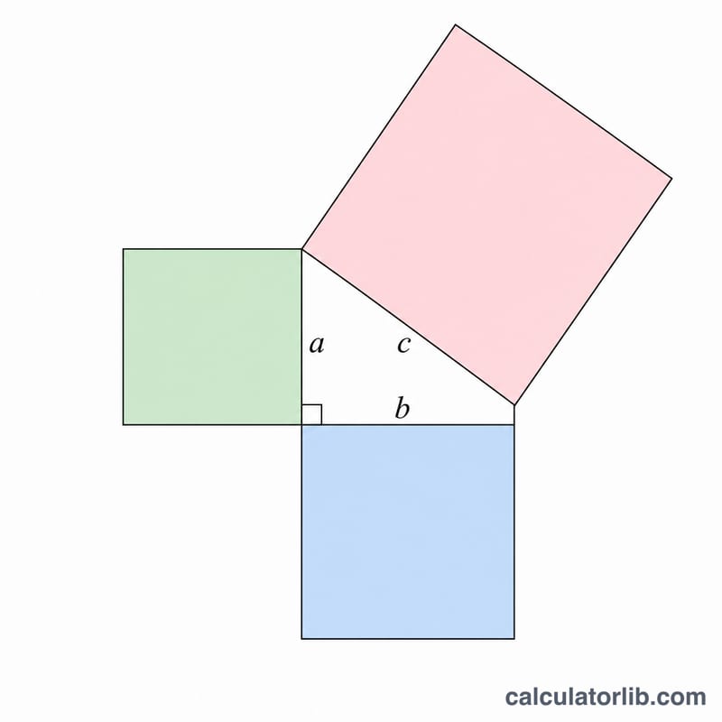 Right triangle with squares built on each side illustrating a squared plus b squared equals c squared