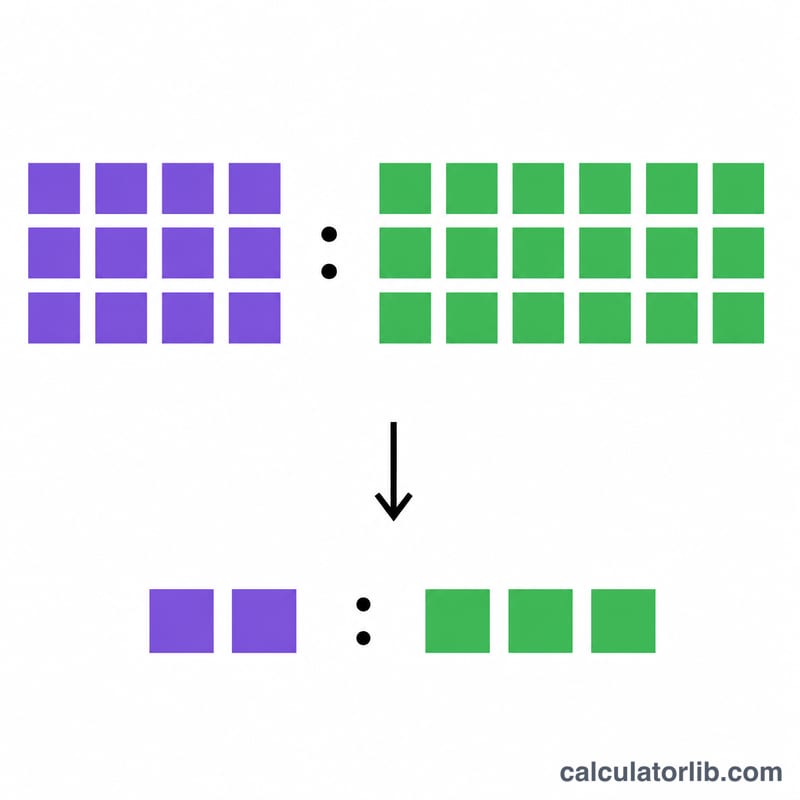 Visual showing 12:18 reduced to 2:3 using grouped squares