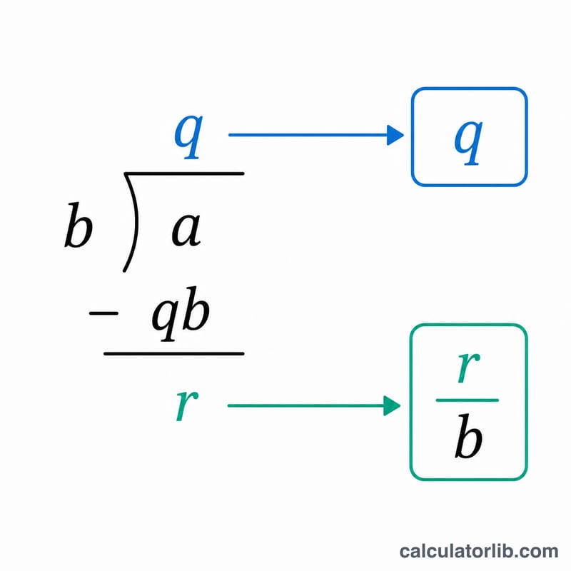 Visual breakdown of dividing numerator by denominator into quotient and remainder