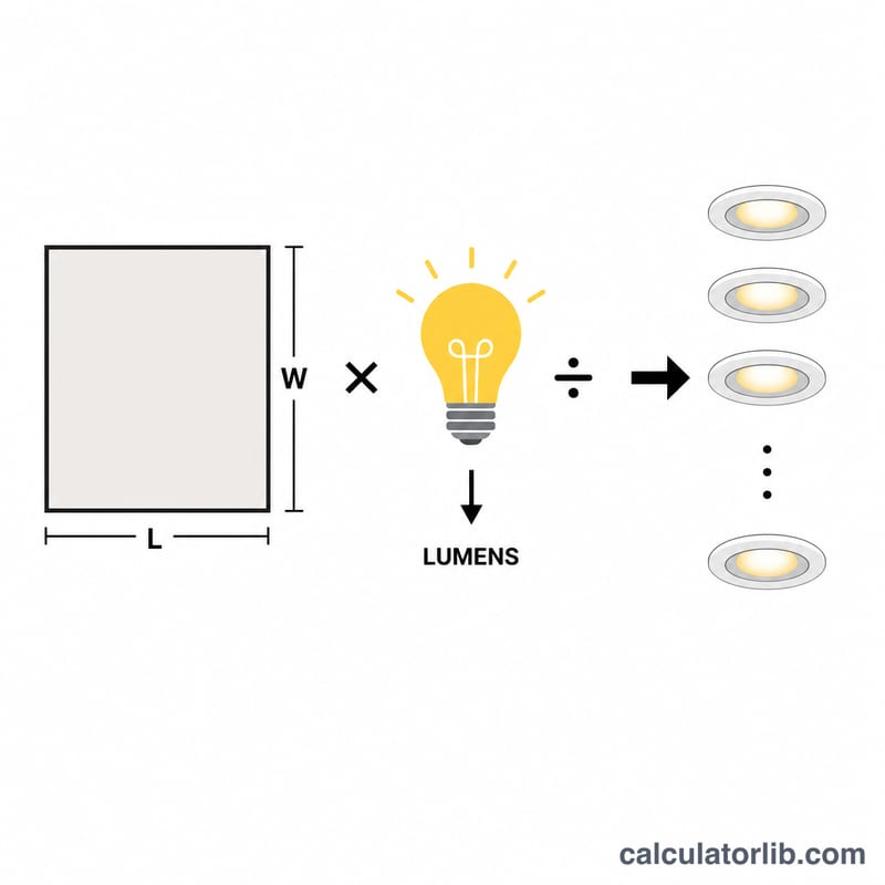 Schéma montrant longueur × largeur de la pièce × facteur de luminosité ÷ lumens du luminaire