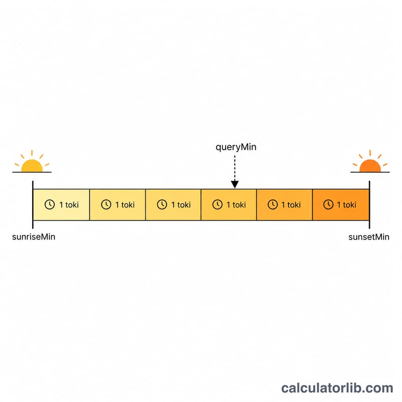 Timeline from sunrise to sunset split into six equal temporal-hour segments with a query time marked