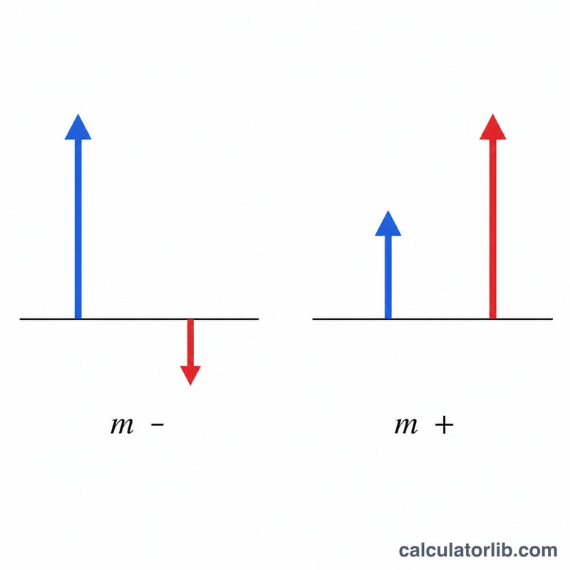 Two cases of lens magnification: negative m gives an inverted smaller image, positive m gives an upright larger image