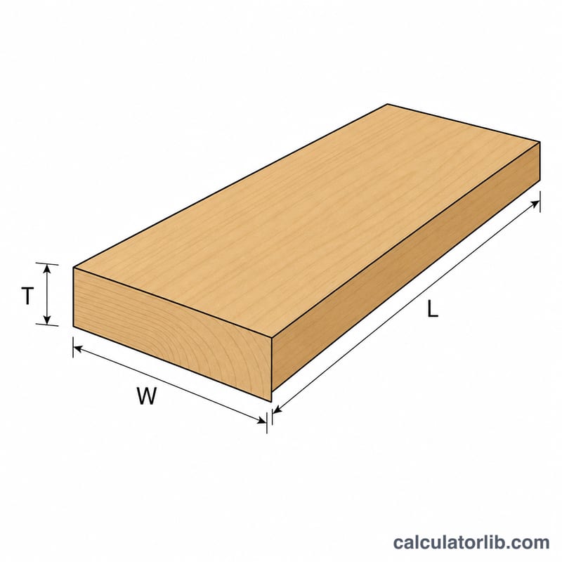 Flat diagram of a rectangular board with length, width and thickness labeled L, W, T