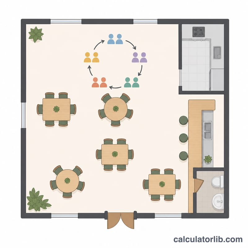 Restaurant floor plan with several tables and chairs, each table cycling through multiple customer groups per day