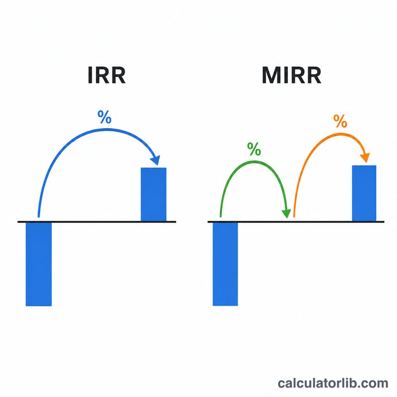 Diagram contrasting single-rate IRR with MIRR using separate finance and reinvestment rates