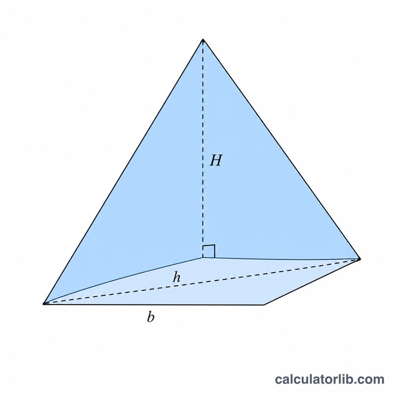 Triangular pyramid with labeled base b, triangle height h, and pyramid height H