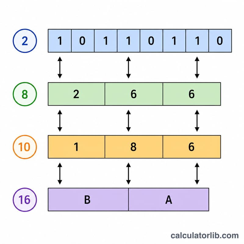One number shown across binary, octal, decimal and hexadecimal representations