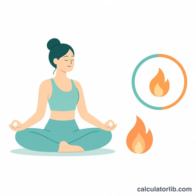 Người tập yoga bên cạnh biểu tượng ngọn lửa và bộ đếm calo