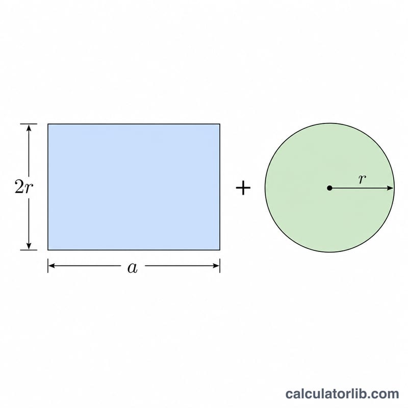 Aire du stade divisée en un rectangle central de 2r par a plus un cercle complet de rayon r