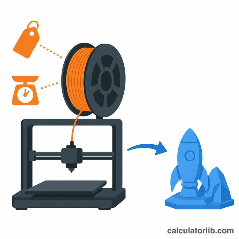 Filament spool with price and weight next to a finished 3D printed object