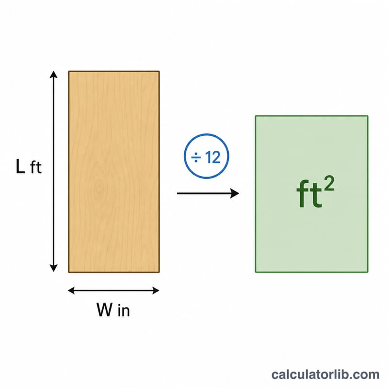 Diagram showing length in feet times width in inches divided by 12 equals area in square feet