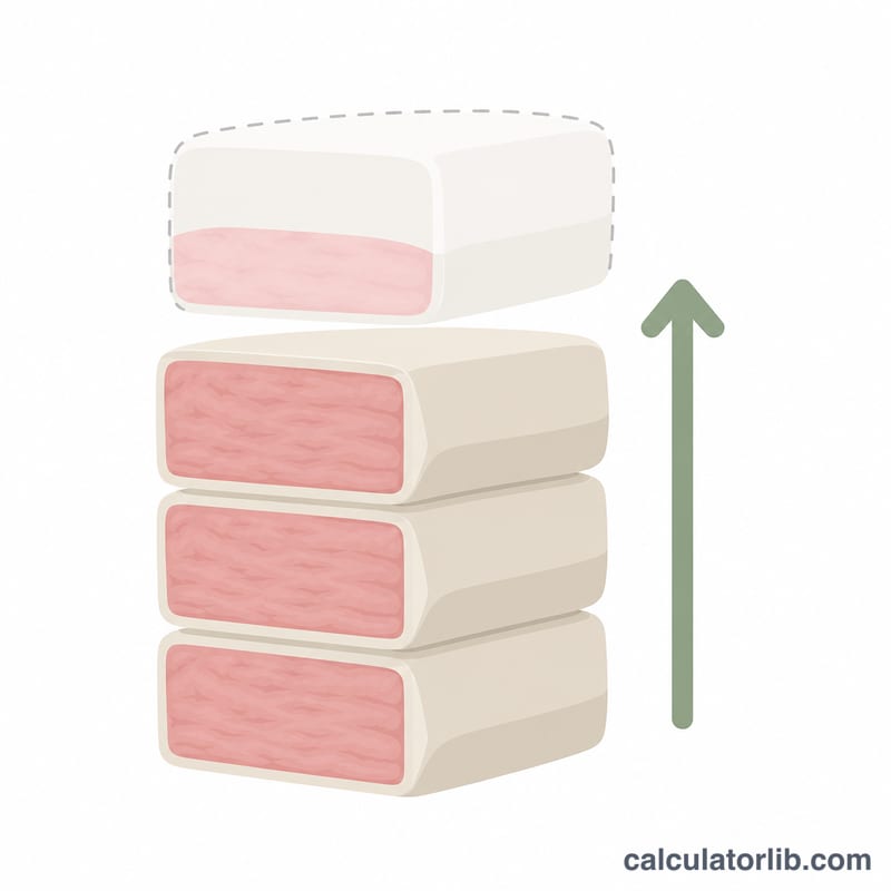 Stack of three insulation bags with a rounding-up arrow showing fractional need rounded to the next whole bag