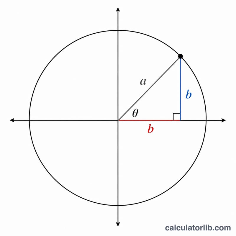 Right triangle inside a unit circle showing sine, cosine and tangent ratios