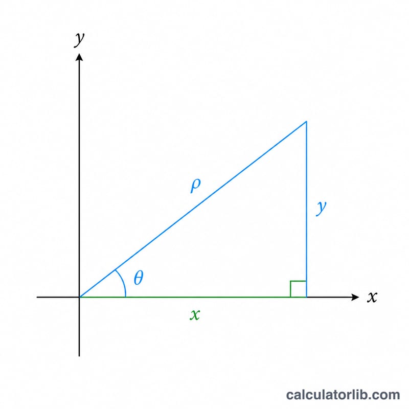 Top-down view of the xy-plane showing right triangle with rho as hypotenuse, x and y as legs