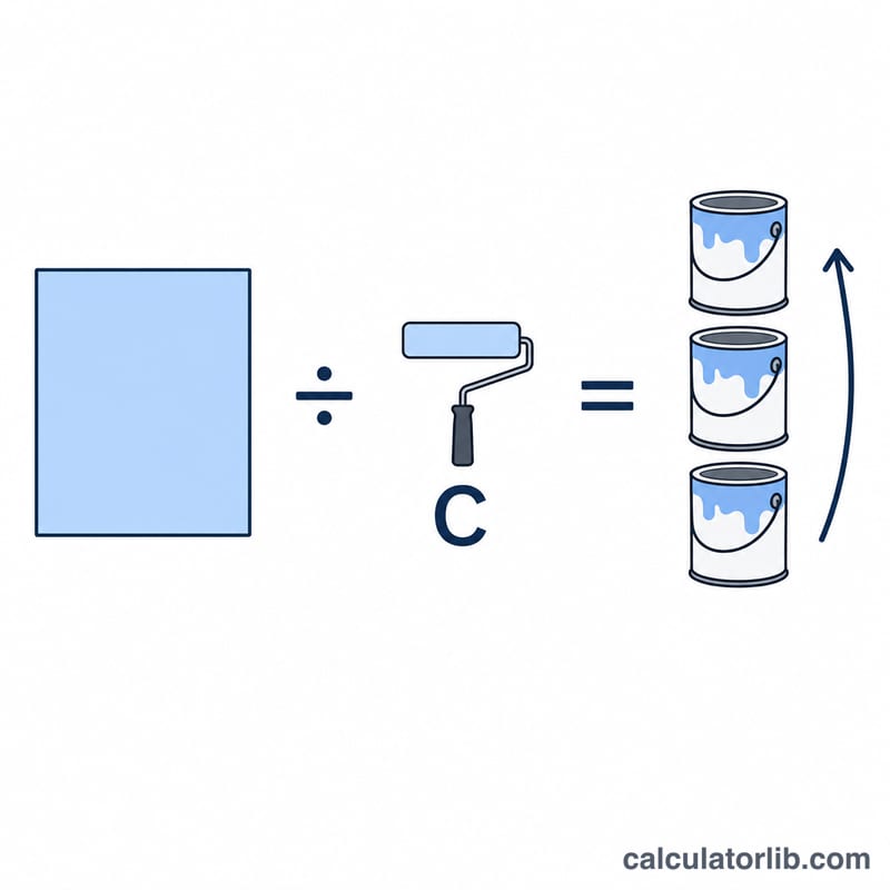 Formula concept showing total area divided by coverage per gallon rounded up to whole cans