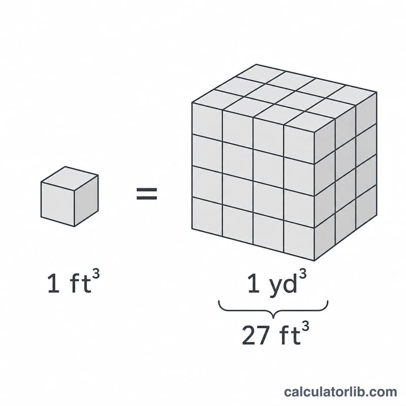 Diagrama de cubos pequeños que forman un cubo más grande para mostrar la conversión de pies cúbicos a yardas cúbicas