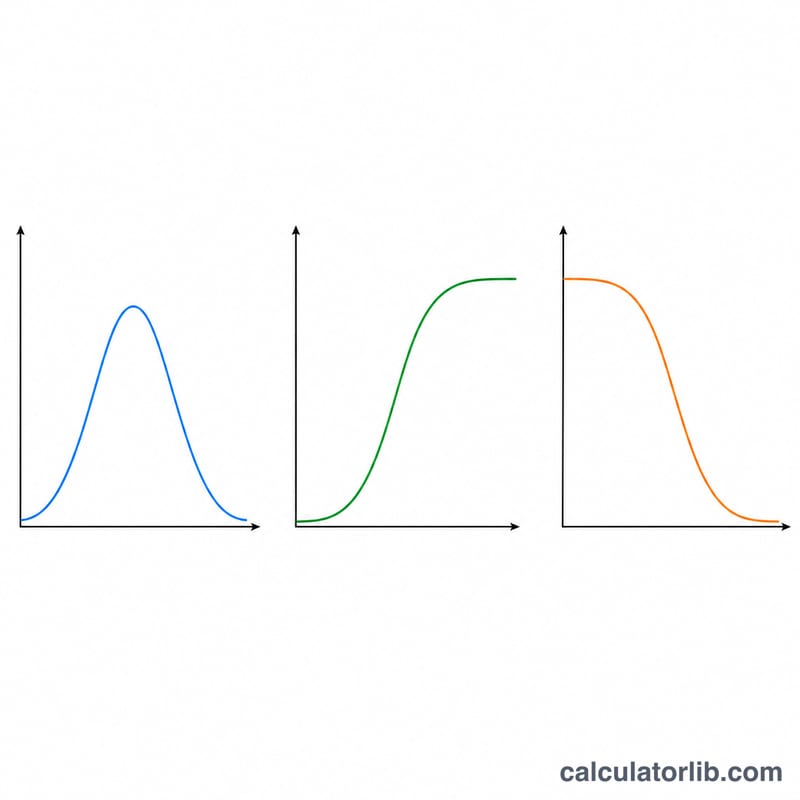 Three curves showing logistic PDF, CDF, and survival function