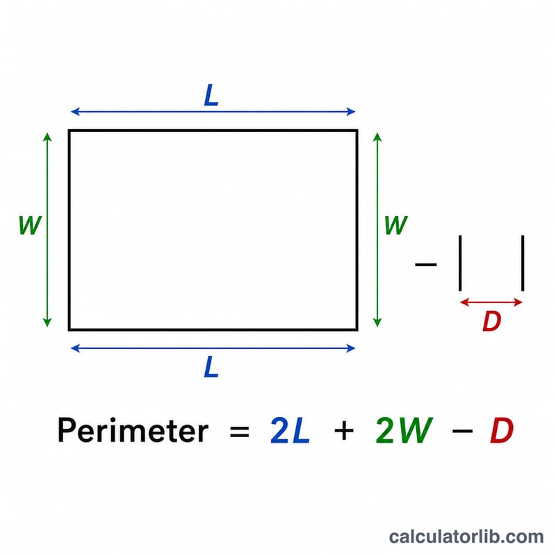 Diagram showing two lengths and two widths summed around a rectangle with a doorway subtracted