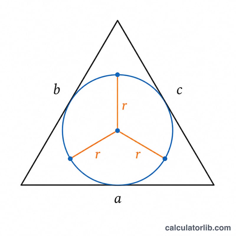 Triangle showing the inradius as radii to the three tangent points splitting it into three smaller triangles