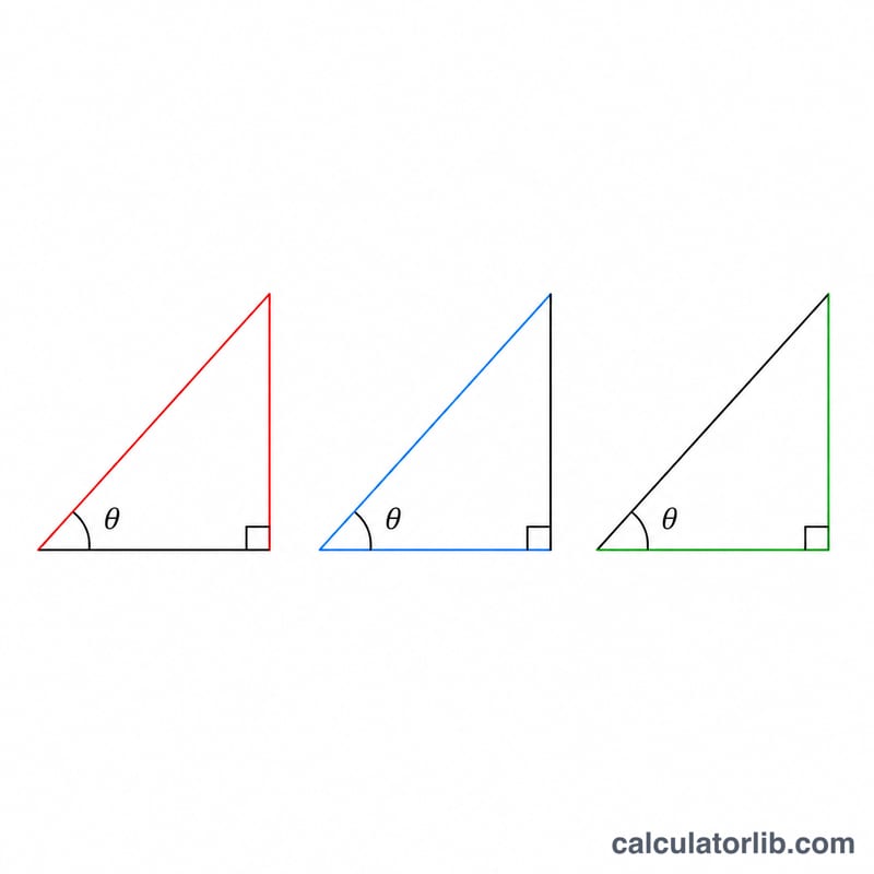 Three small right triangles illustrating SOH, CAH, TOA ratios