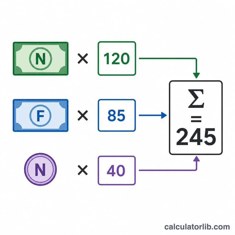 Diagram showing count times face value for each denomination summed to a total
