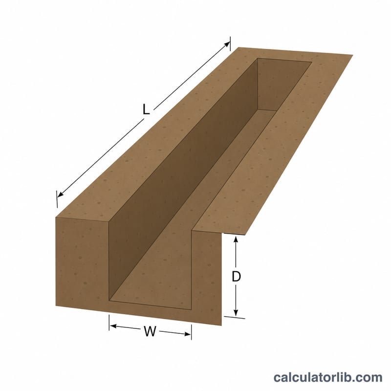 Long narrow trench showing length, width, and depth
