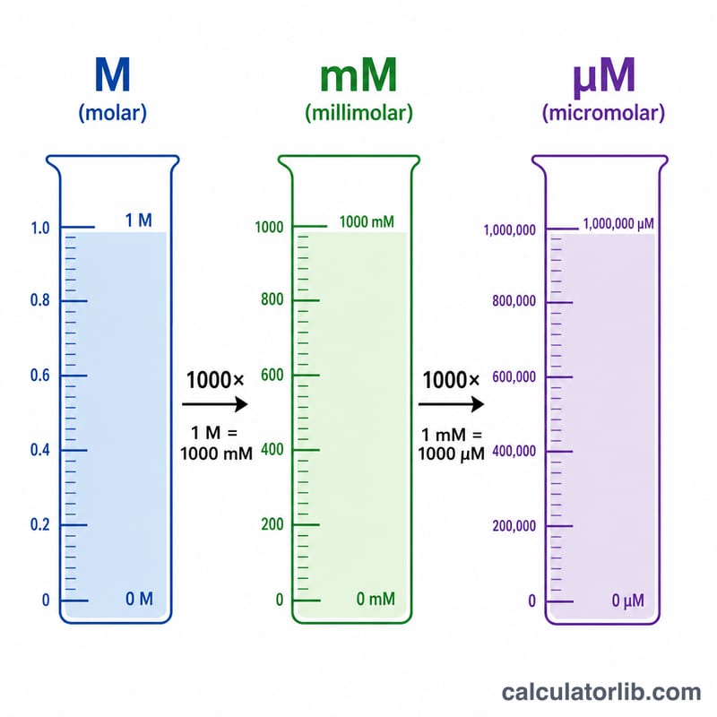 Three scale bars showing relationship between M, mM, and µM