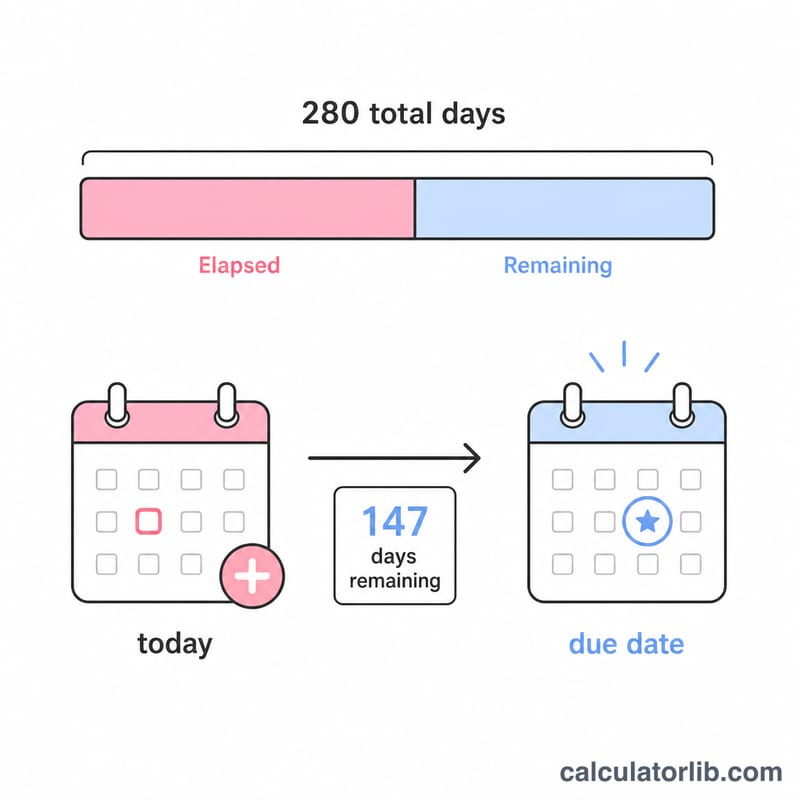 Equation diagram subtracting completed days from 280 days then adding to today's date