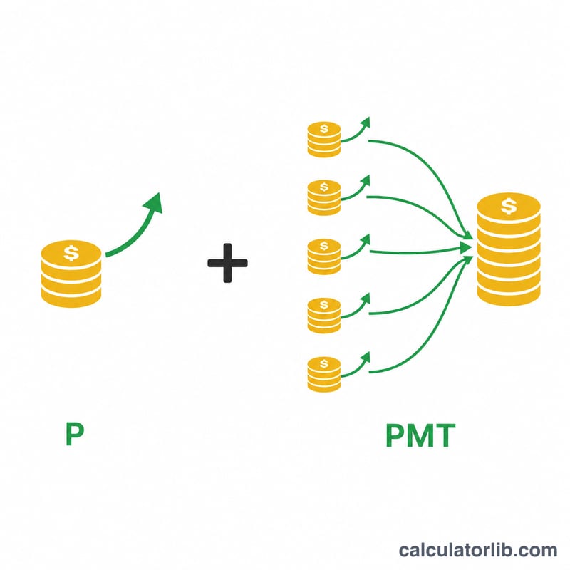 Diagram breaking the formula into the initial principal growth part and the monthly contributions growth part
