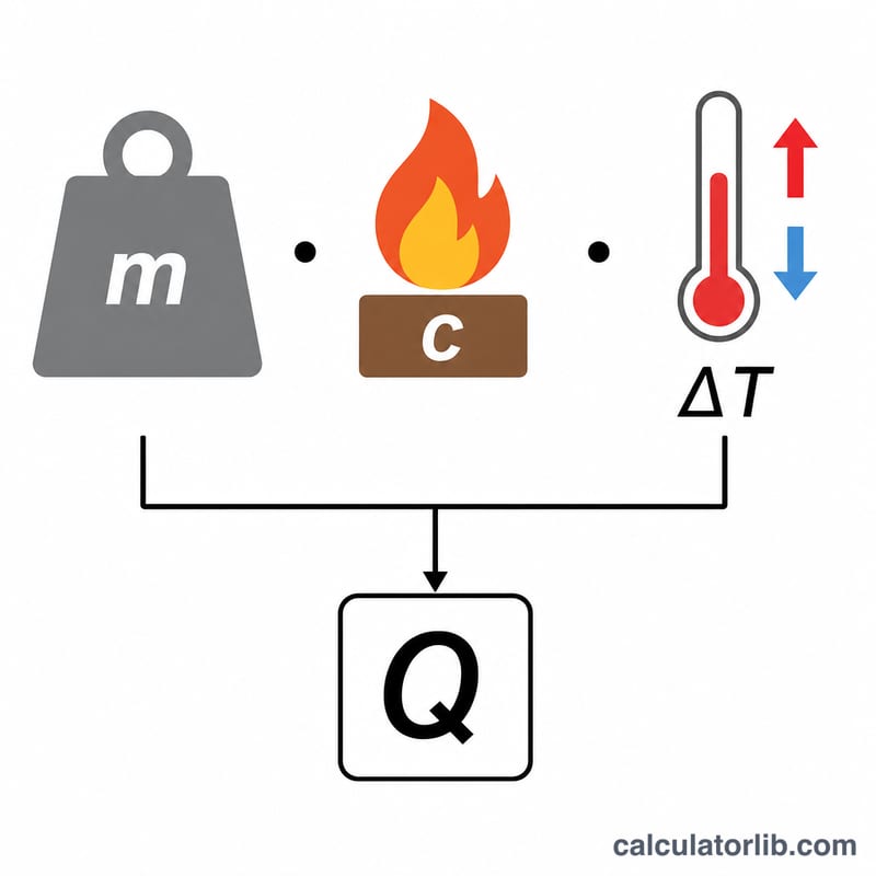 Visual breakdown of the formula Q equals m times c times delta T