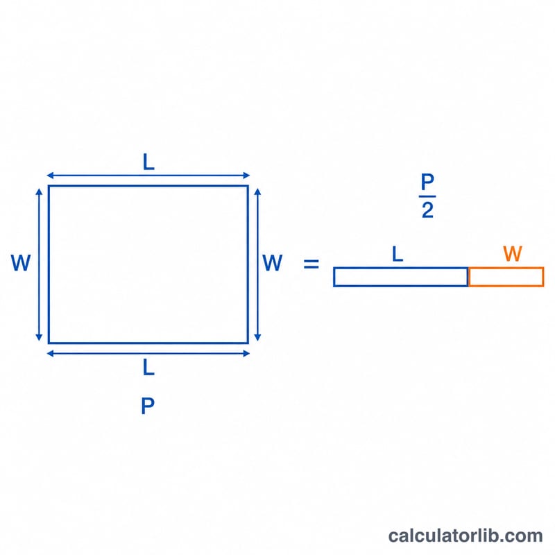 Diagram showing half the perimeter equals length plus width, so width equals P over 2 minus length