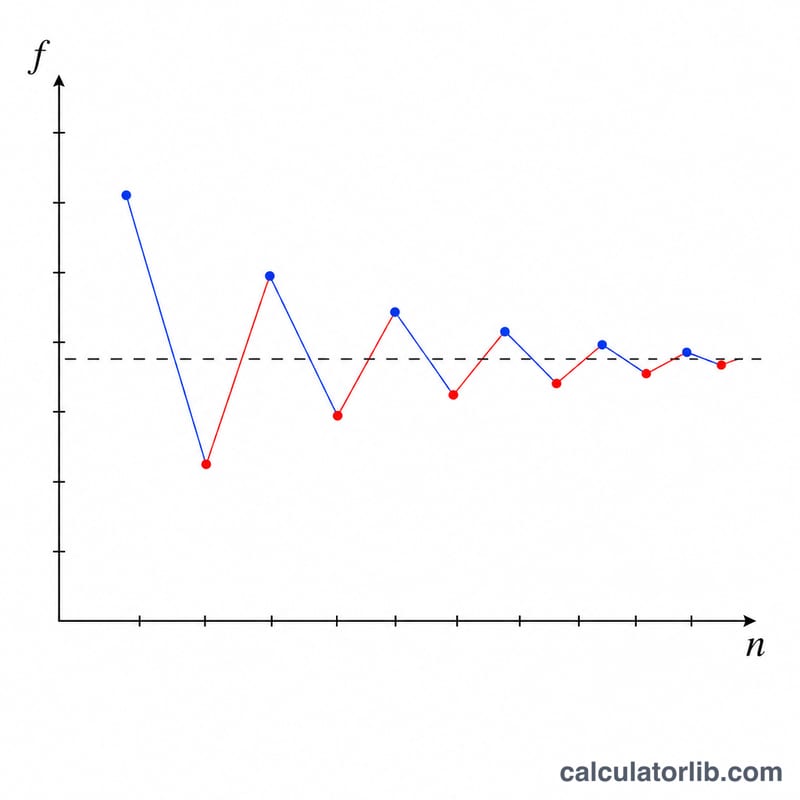 Line chart showing successive convergents of a continued fraction oscillating and converging to a limit value