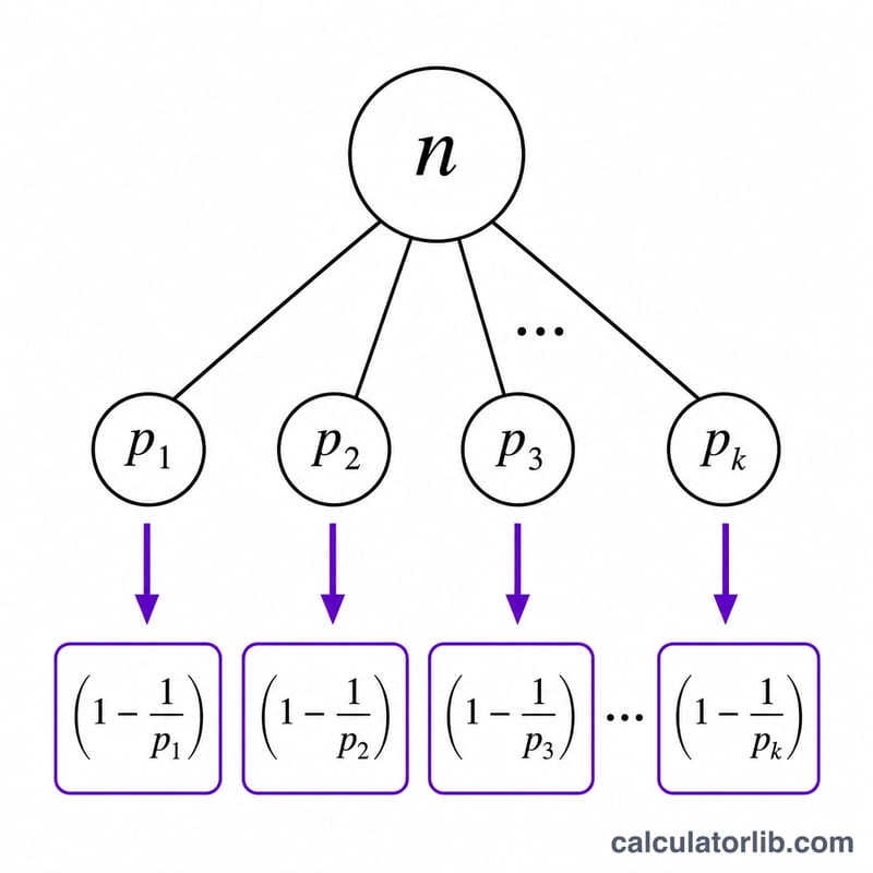 Diagram showing n broken into prime factors then multiplied by (1 minus 1 over p) terms