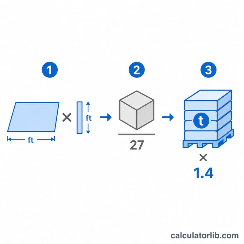 Formula breakdown converting area times depth into cubic yards then tons