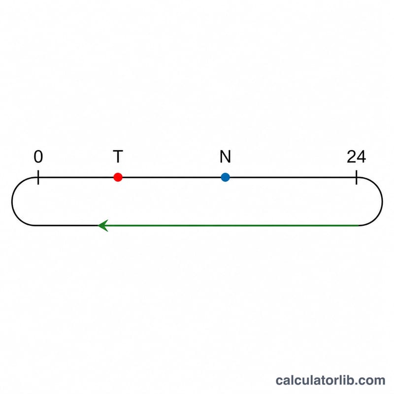 24-hour timeline ring showing wrap-around past midnight from now to target