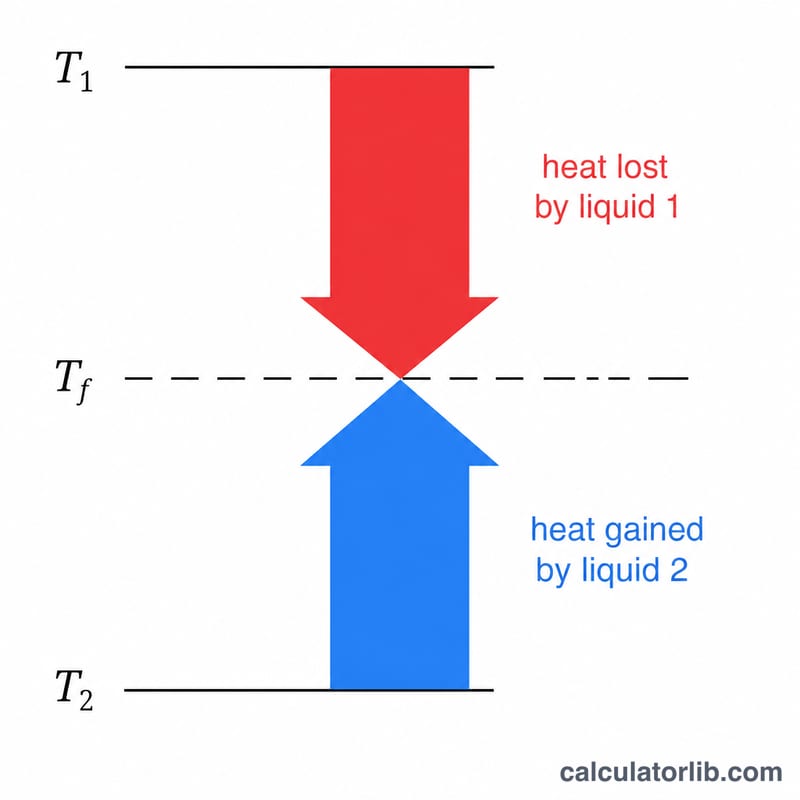 Heat lost by the hot liquid equals heat gained by the cold liquid meeting at final temperature