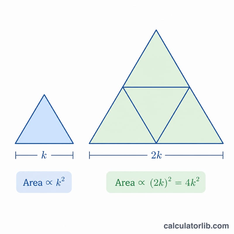 Larger similar triangle subdivided into smaller copies showing area scales as k squared